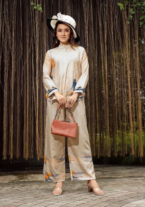 Cream Abstract Print Rayon Kurta Set