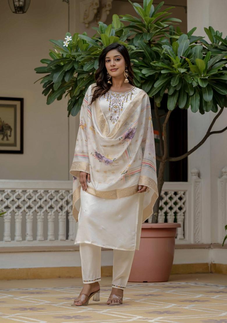 Off White Abstract Print Rayon Kurta Set - Indya