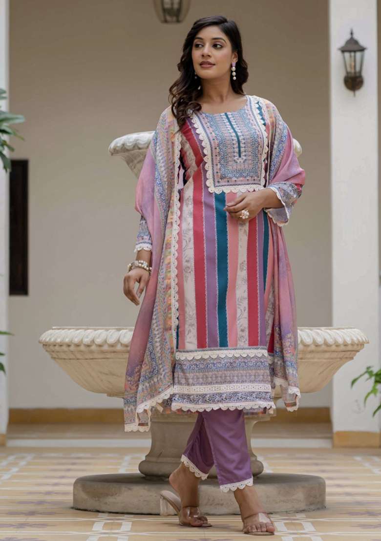 Multicolor Striped Rayon Straight Kurta Set - Indya