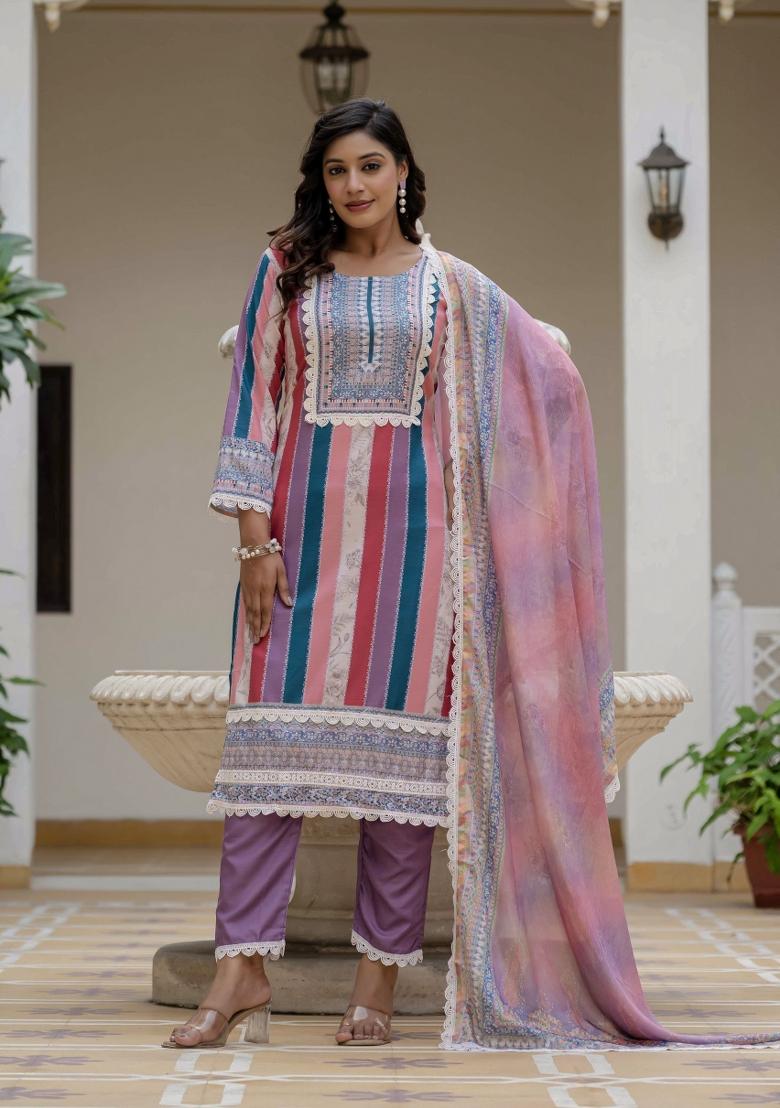 Multicolor Abstract Print Rayon Kurta Set - Indya