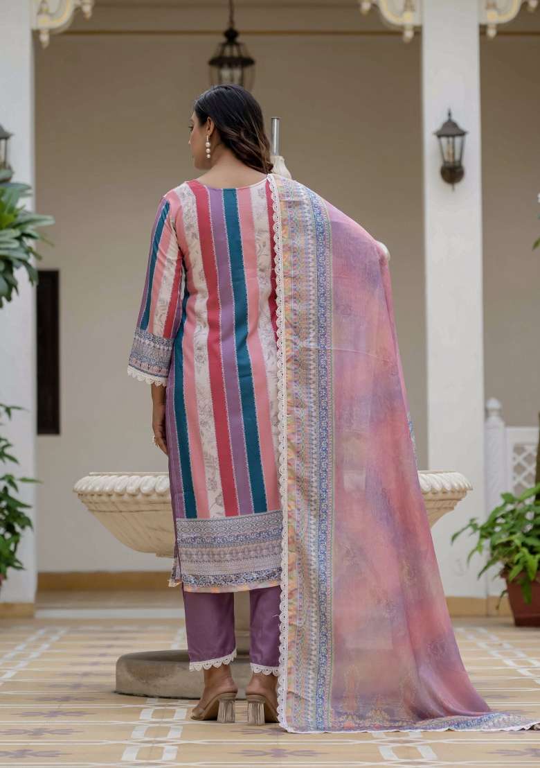 Multicolor Striped Rayon Straight Kurta Set - Indya