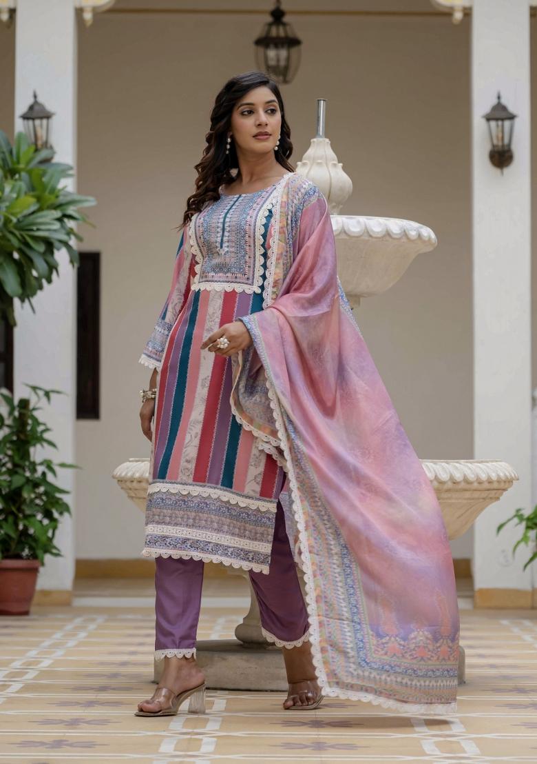 Multicolor Abstract Print Rayon Kurta Set - Indya