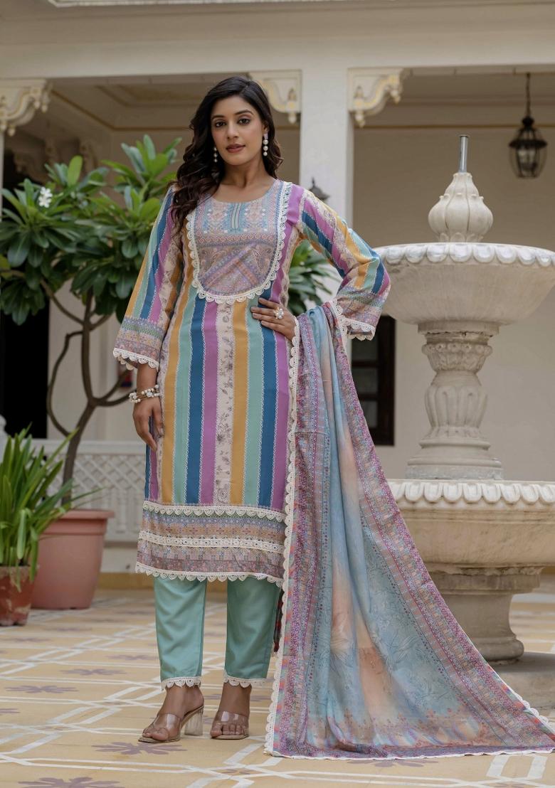 Multicolor Abstract Print Rayon Kurta Set - Indya