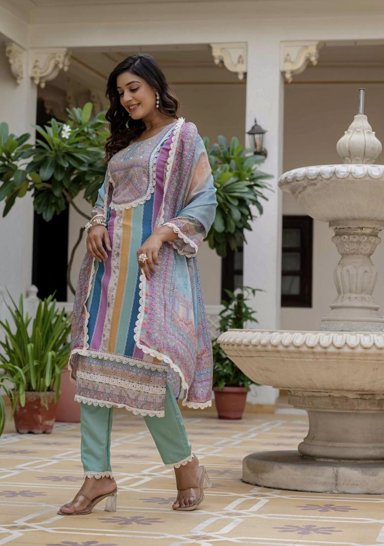 Multicolor Abstract Print Rayon Kurta Set - Indya