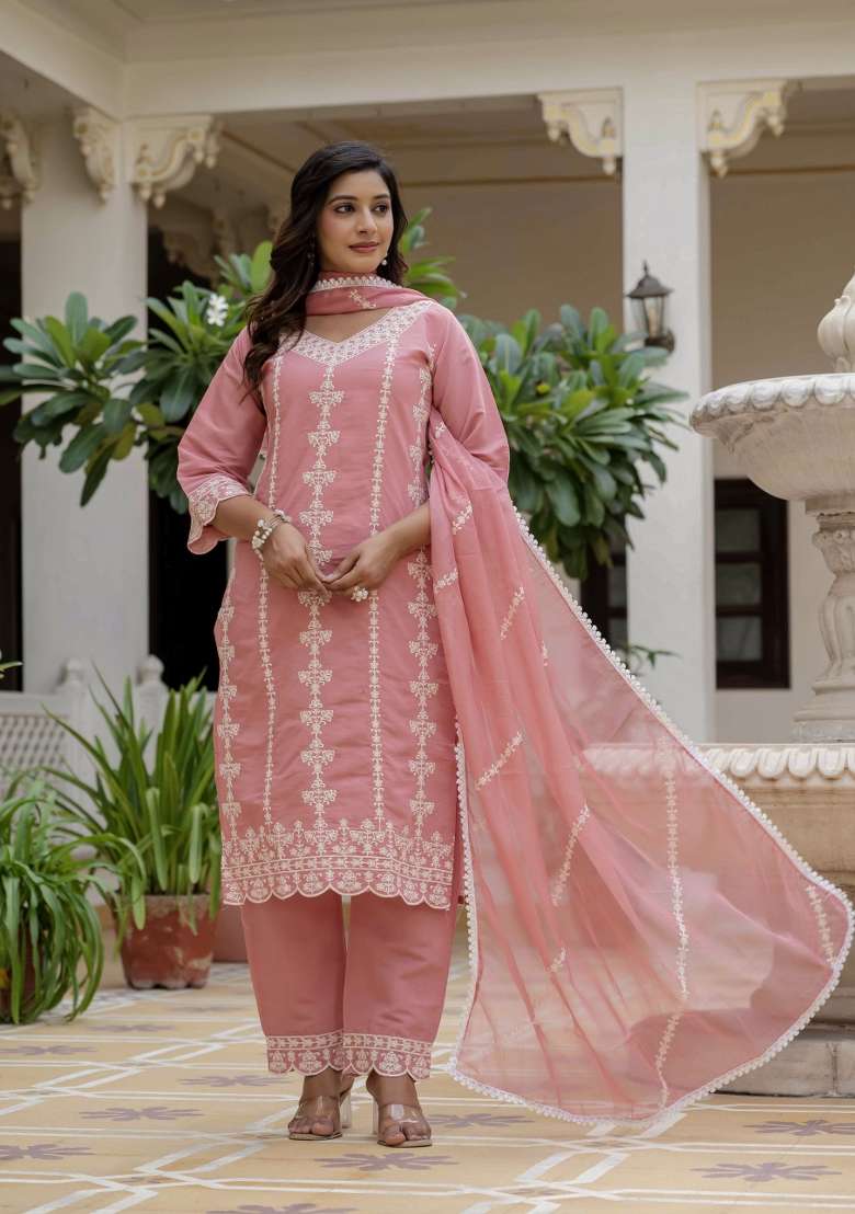 Peach Chikankari Rayon Pakistani Suit Set - Indya