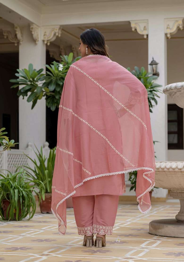 Peach Chikankari Rayon Pakistani Suit Set - Indya