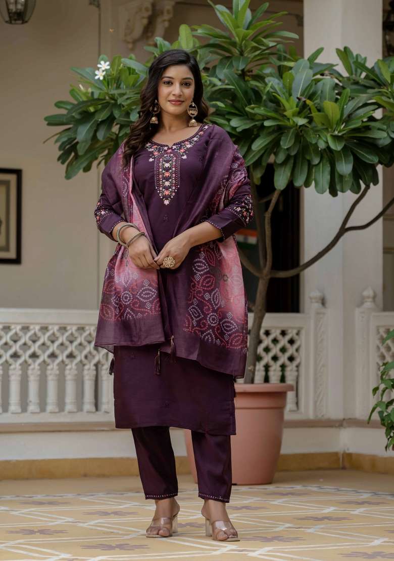 Wine Printed Rayon Straight Kurta Set - Indya