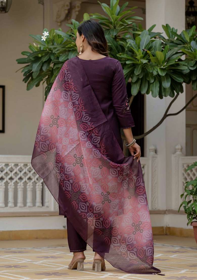 Wine Printed Rayon Straight Kurta Set - Indya