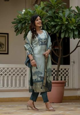 Sky Blue Abstract Print Jacquard Kurta Set
