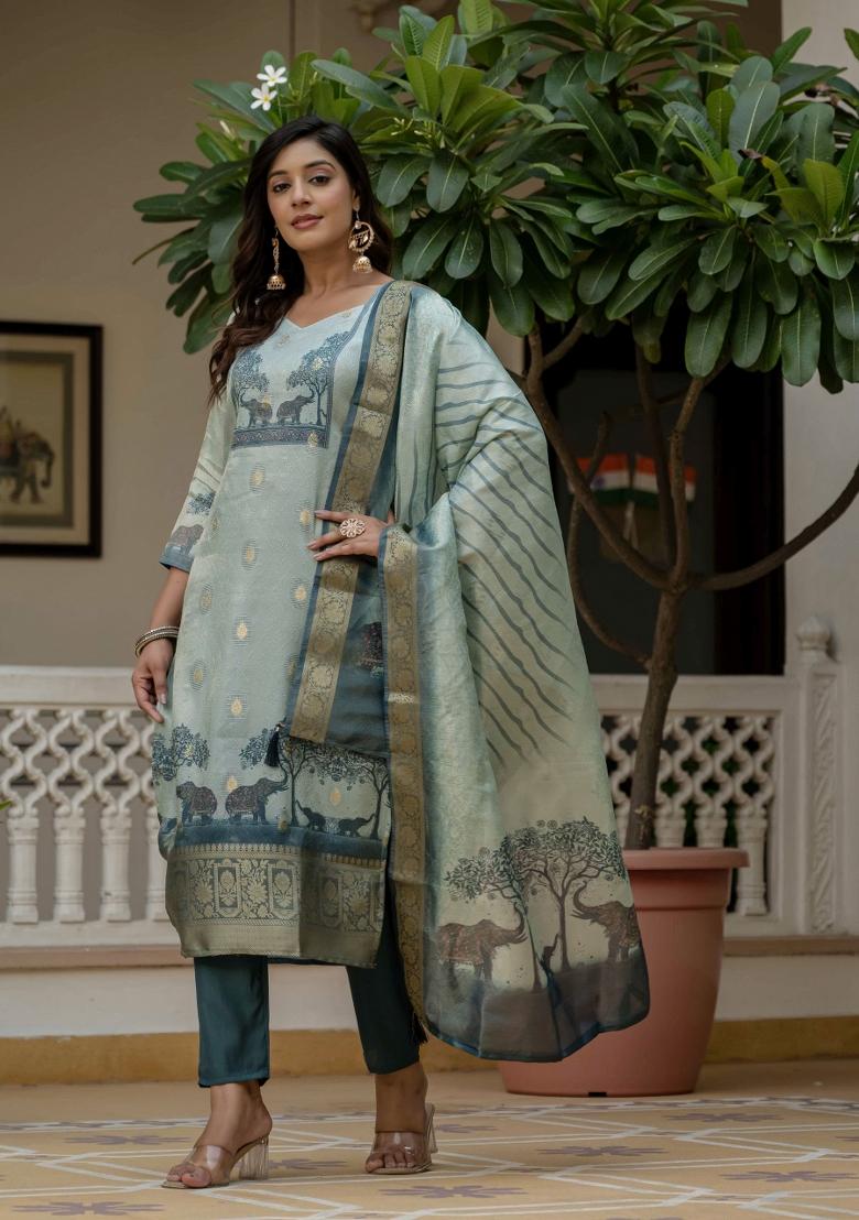 Sky Blue Abstract Print Jacquard Kurta Set - Indya