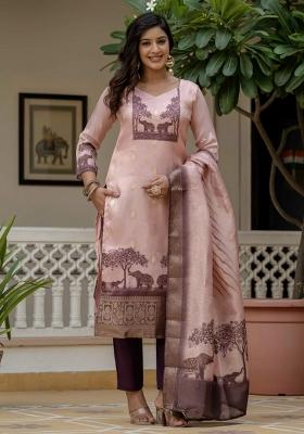 Pink Abstract Print Jacquard Kurta Set
