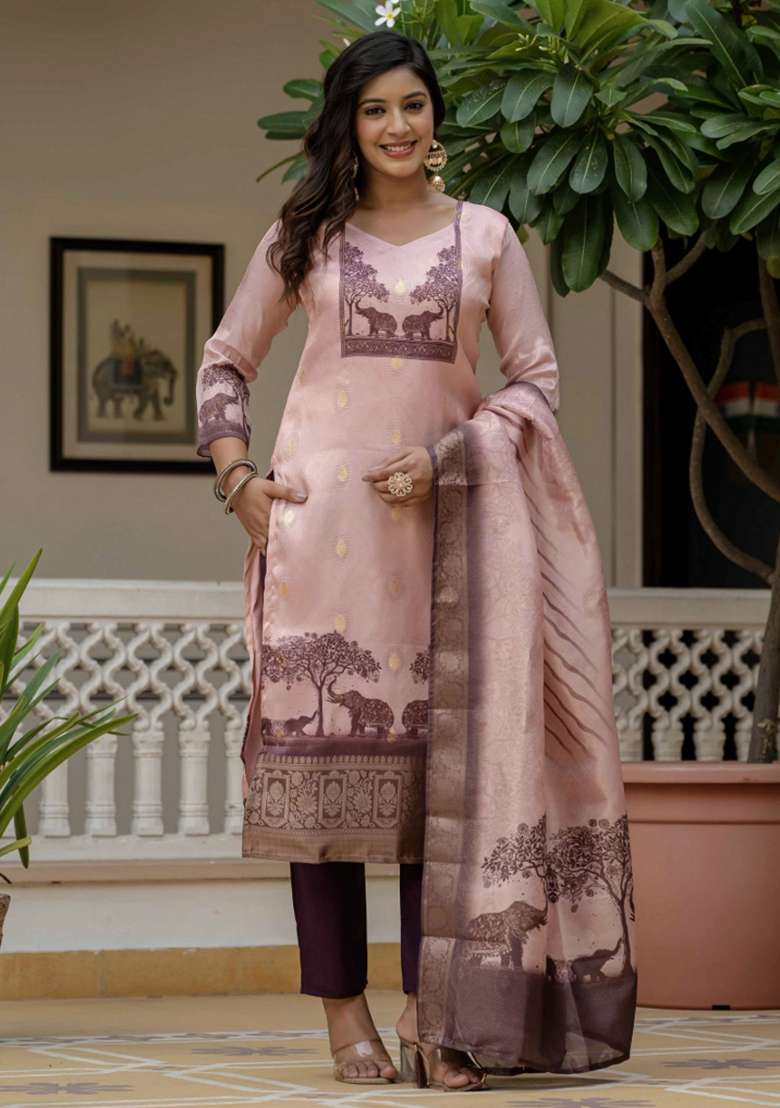 Pink Printed Jacquard Straight Kurta Set - Indya