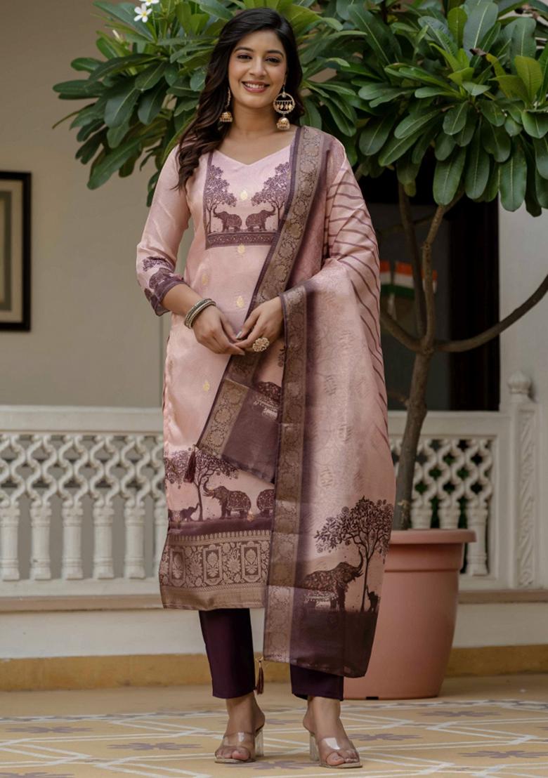 Pink Abstract Print Jacquard Kurta Set - Indya