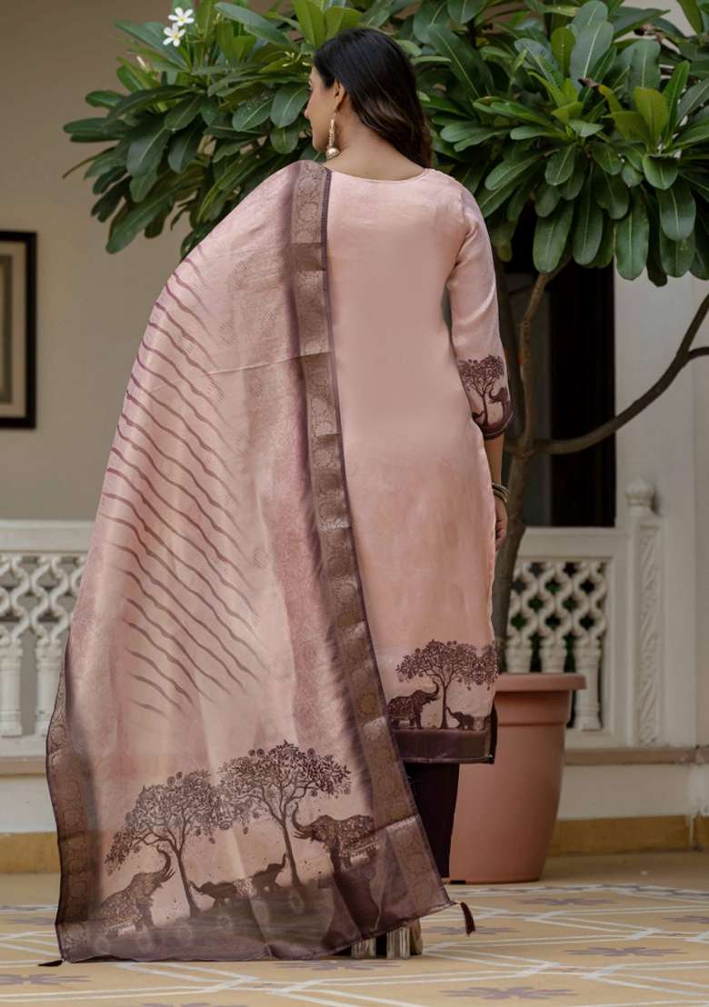 Pink Printed Jacquard Straight Kurta Set - Indya