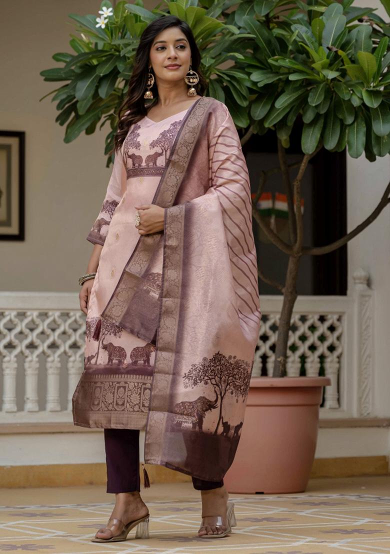 Pink Abstract Print Jacquard Kurta Set - Indya