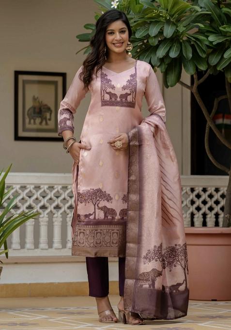 Pink Abstract Print Jacquard Kurta Set