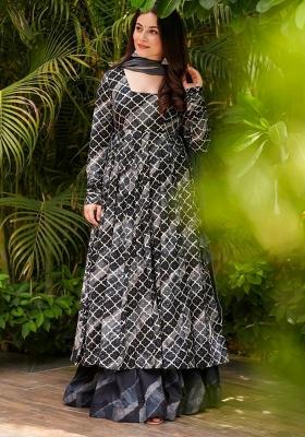Grey Abstract Print Art Silk Kurta Set