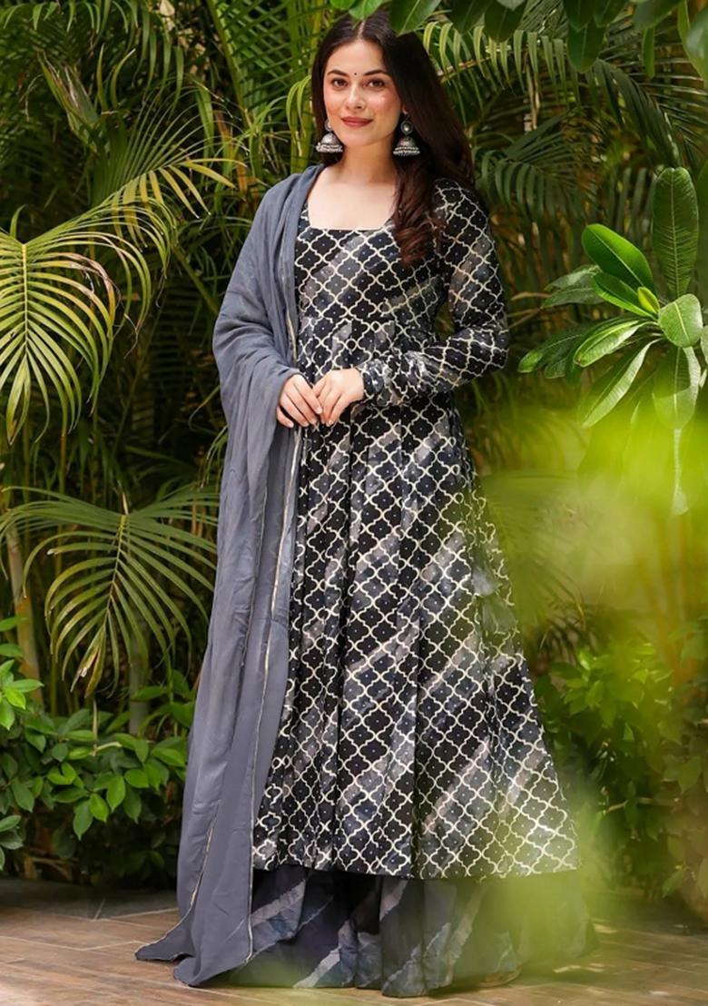 Grey Abstract Print Art Silk Kurta Set - Indya