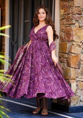 Purple Abstract Print Art Silk Kurta Set