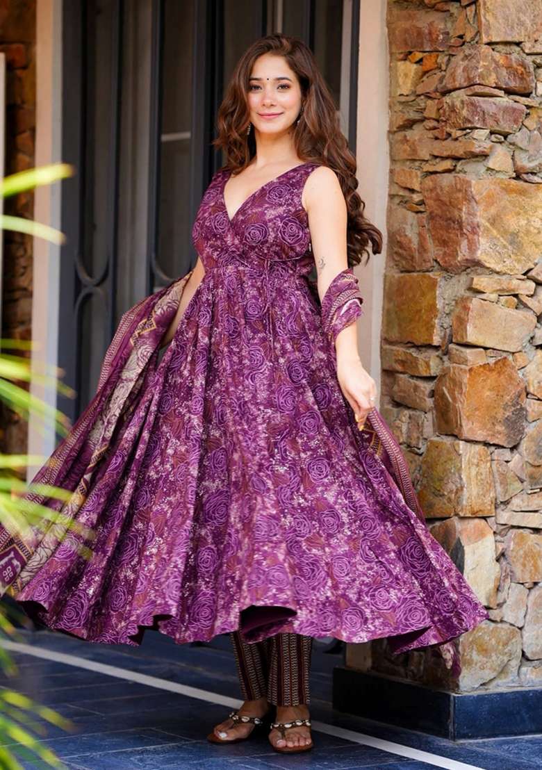 Purple Printed Silk Anarkali Set - Indya