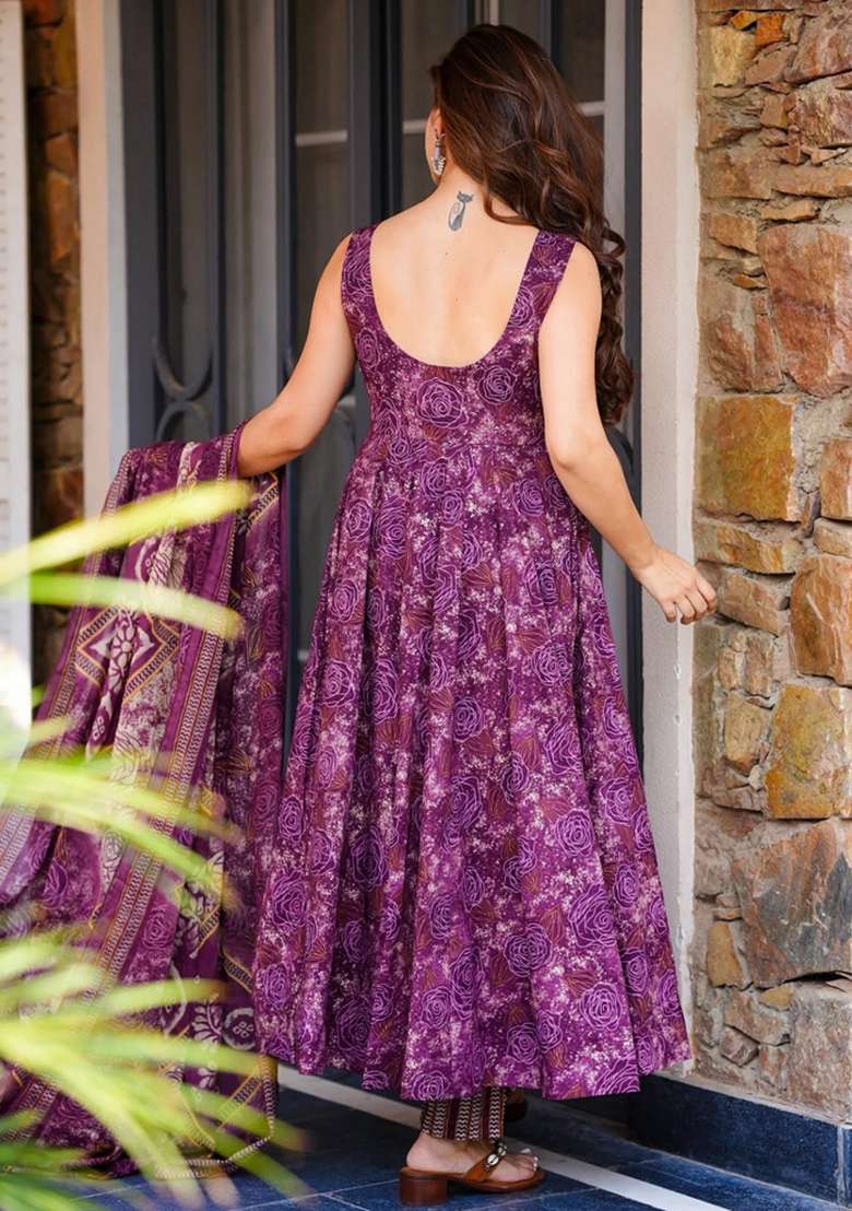 Purple Printed Silk Anarkali Set - Indya