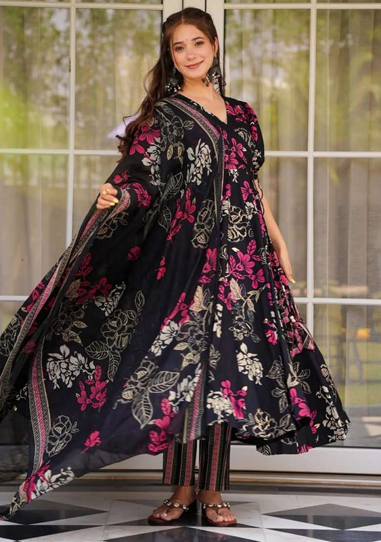 Black Floral Print Silk Anarkali Set - Indya