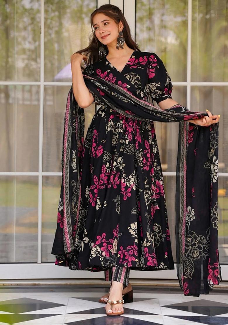 Black Abstract Print Art Silk Kurta Set - Indya