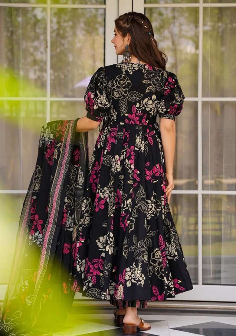 Black Floral Print Silk Anarkali Set - Indya