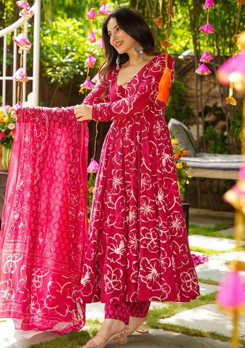 Pink Floral Print Silk Anarkali Set - Indya
