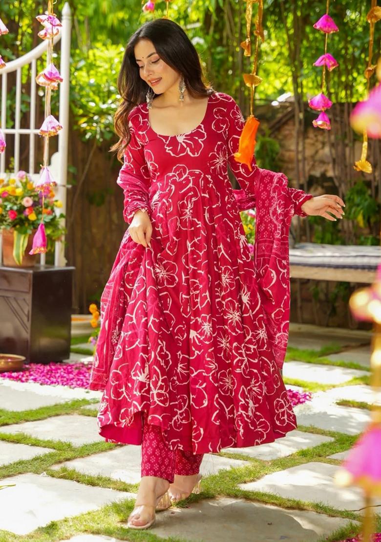 Pink Abstract Print Art Silk Kurta Set - Indya