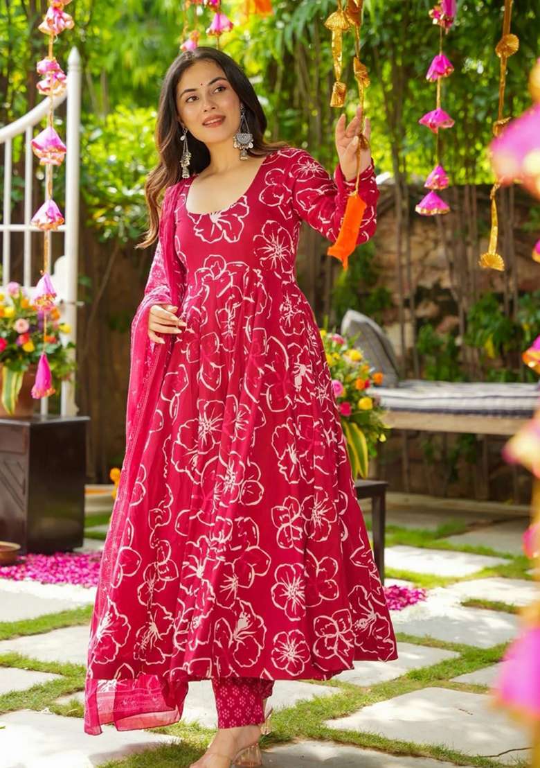 Pink Floral Print Silk Anarkali Set - Indya