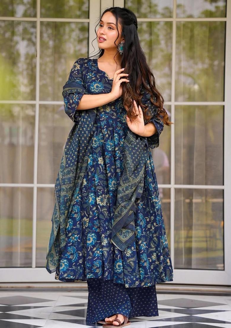 Blue Abstract Print Art Silk Kurta Set - Indya