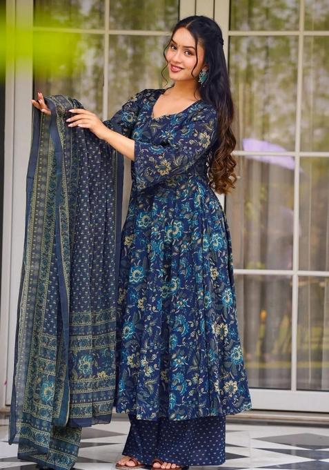 Blue Abstract Print Art Silk Kurta Set