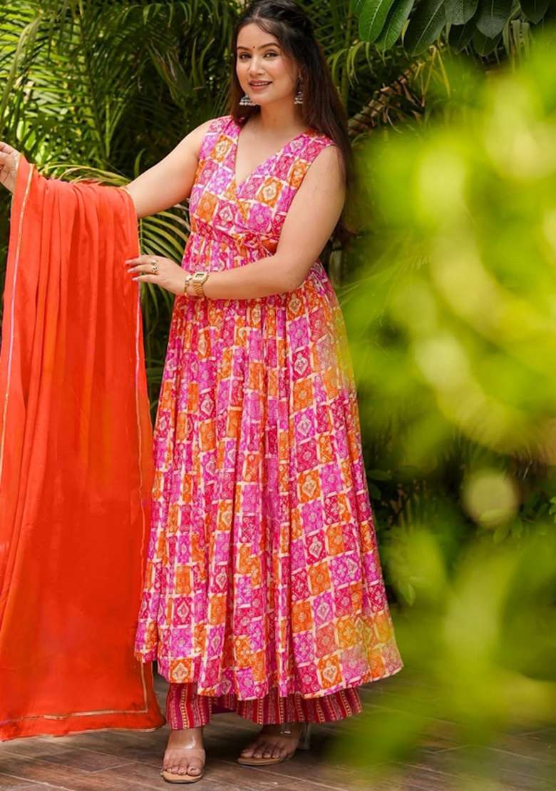 Multicolor Printed Silk Anarkali Set - Indya
