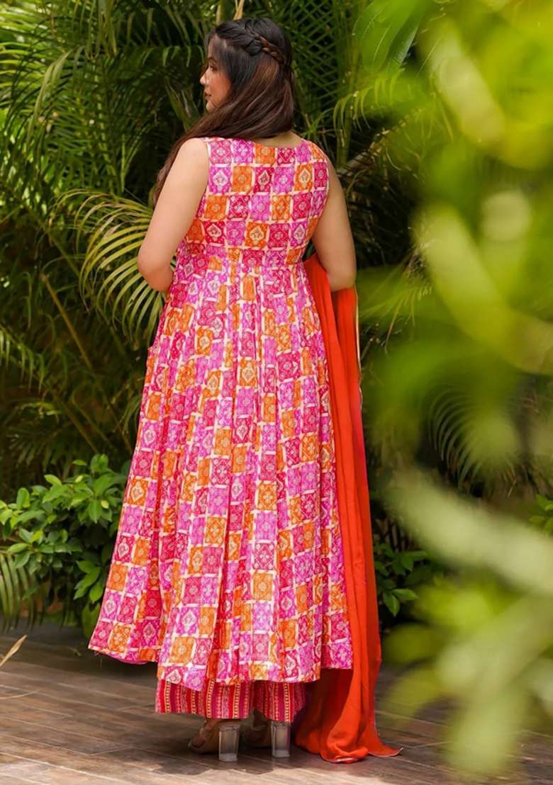 Multicolor Printed Silk Anarkali Set - Indya