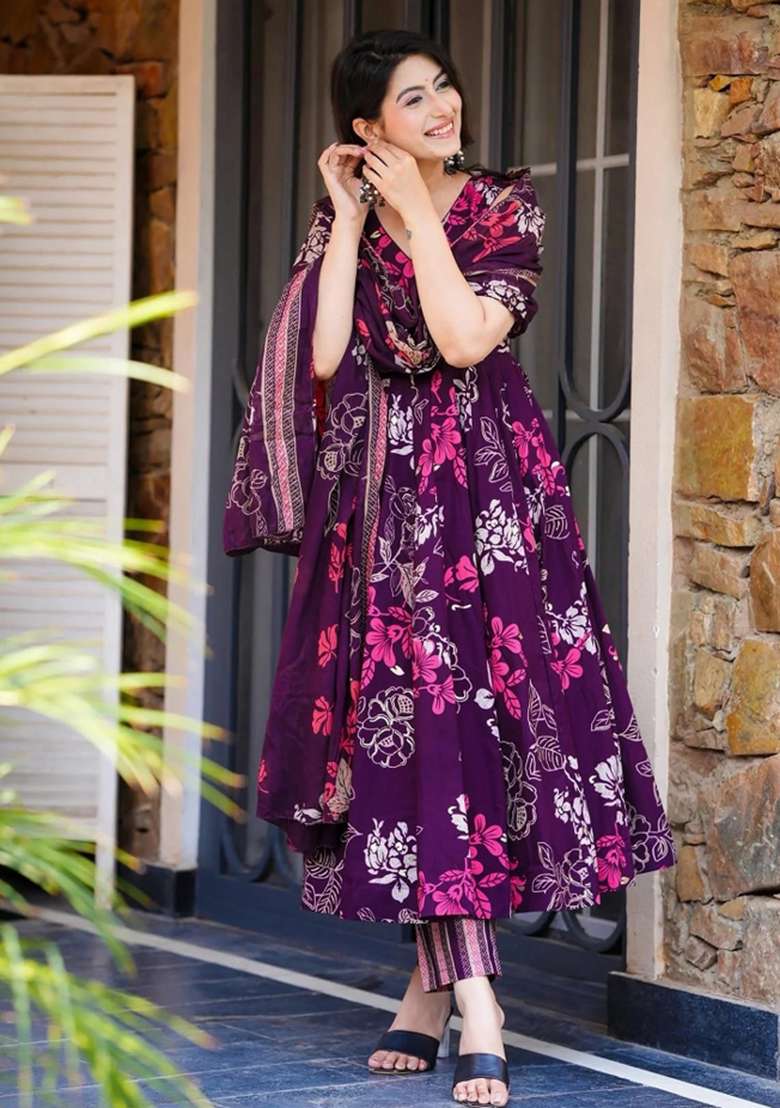 Purple Floral Print Silk Anarkali Set - Indya