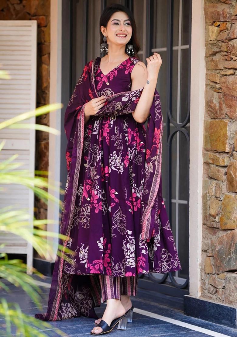 Purple Abstract Print Art Silk Kurta Set - Indya