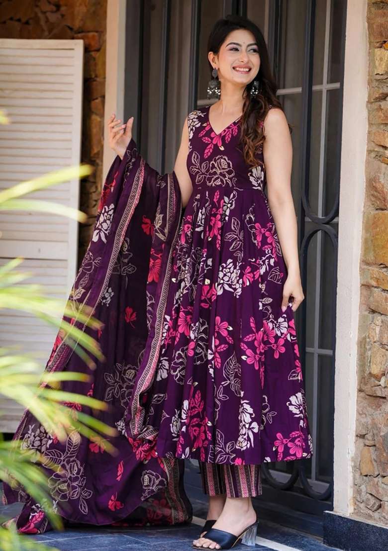 Purple Floral Print Silk Anarkali Set - Indya