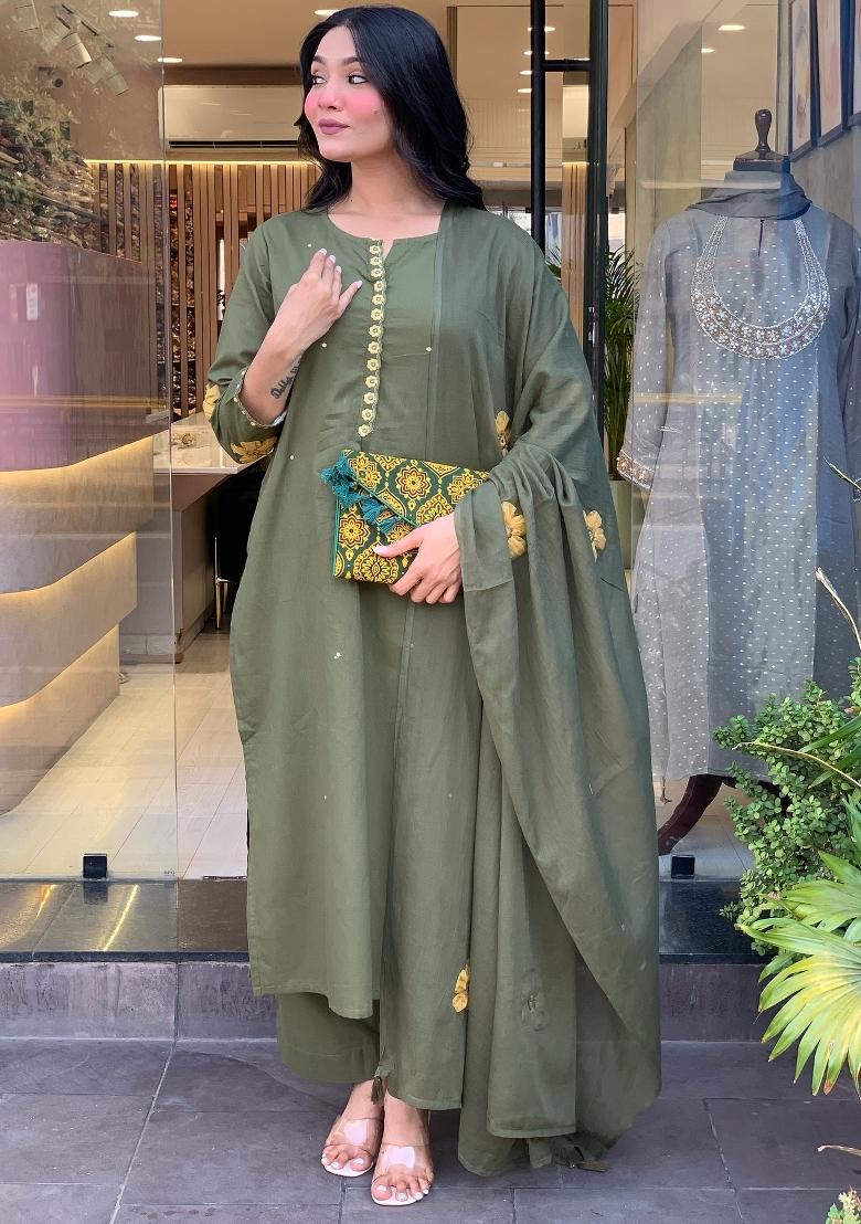 Green Abstract Print Art Silk Kurta Set - Indya