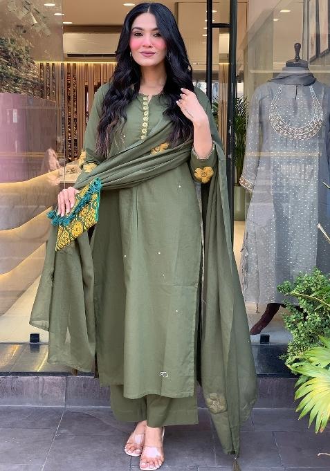 Green Abstract Print Art Silk Kurta Set