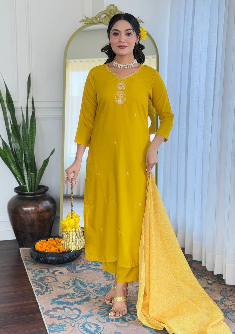 Yellow Abstract Print Rayon Kurta Set - Indya
