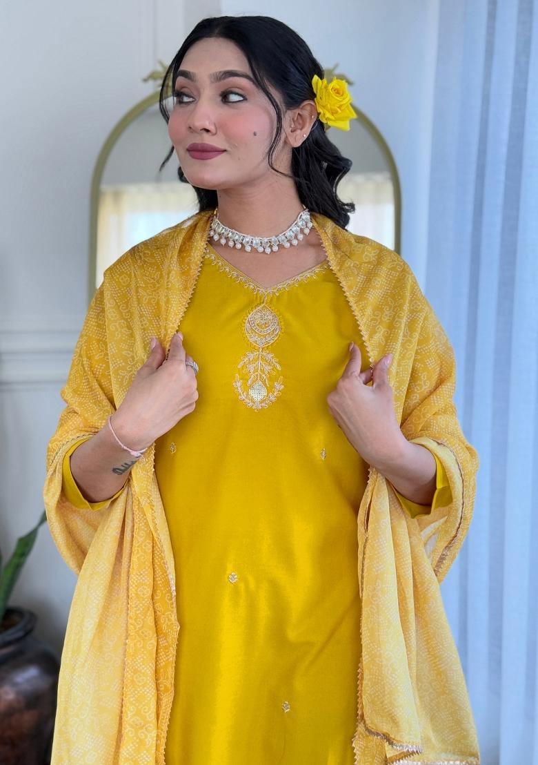 Yellow Abstract Print Rayon Kurta Set - Indya