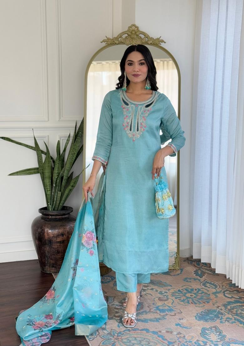 Sky Blue Abstract Print Viscose Kurta Set - Indya
