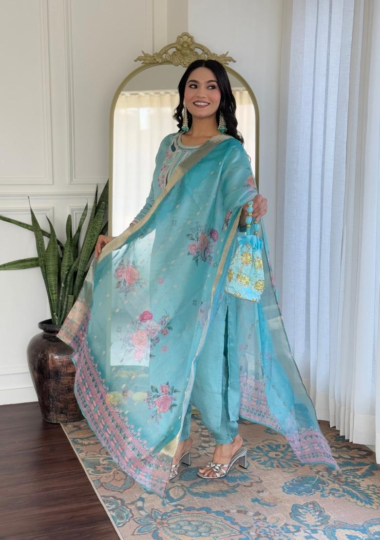 Sky Blue Abstract Print Viscose Kurta Set - Indya
