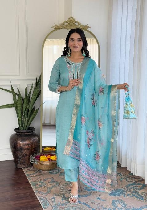 Sky Blue Abstract Print Viscose Kurta Set