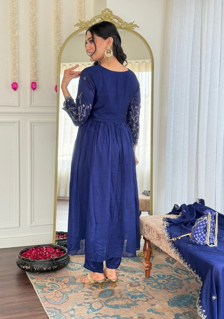 Blue Abstract Print Art Silk Kurta Set - Indya