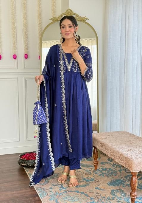 Blue Abstract Print Art Silk Kurta Set