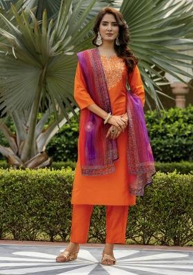 Orange Abstract Print Rayon Kurta Set
