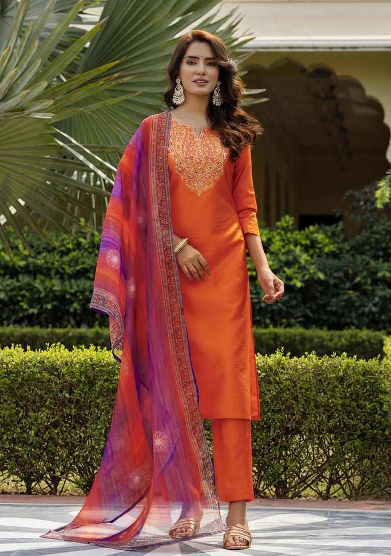 Orange Abstract Print Rayon Kurta Set - Indya