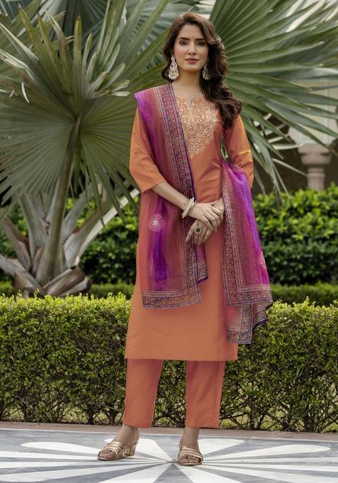 Orange Abstract Print Rayon Kurta Set